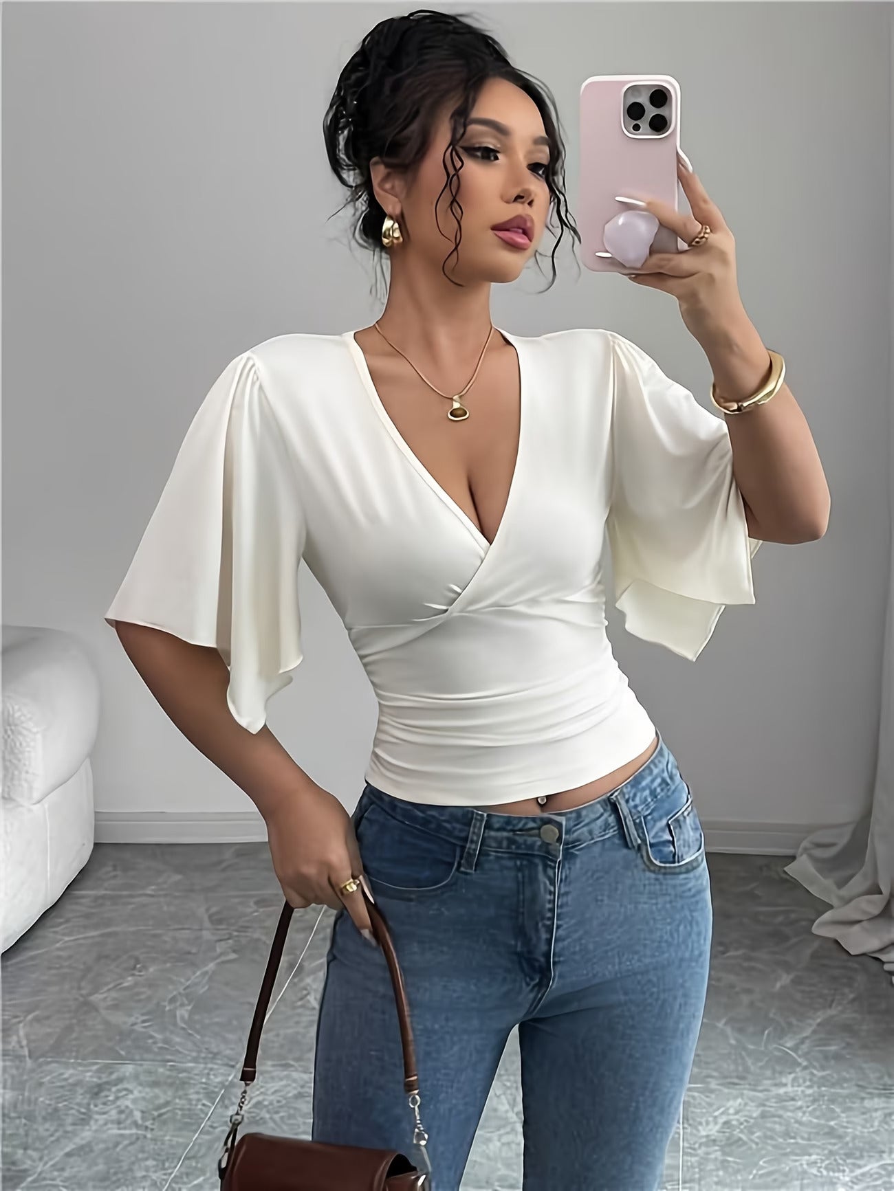 White Butterfly Sleeve Wrap Top