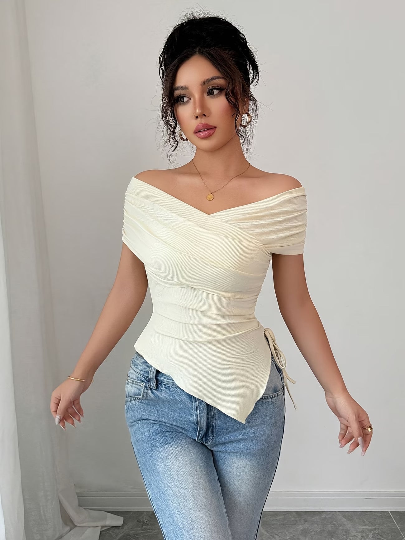 Cream Crossover Off-Shoulder Ribbed Top