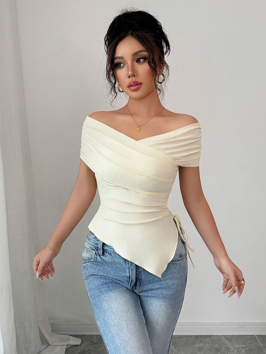 Cream Crossover Off-Shoulder Ribbed Top
