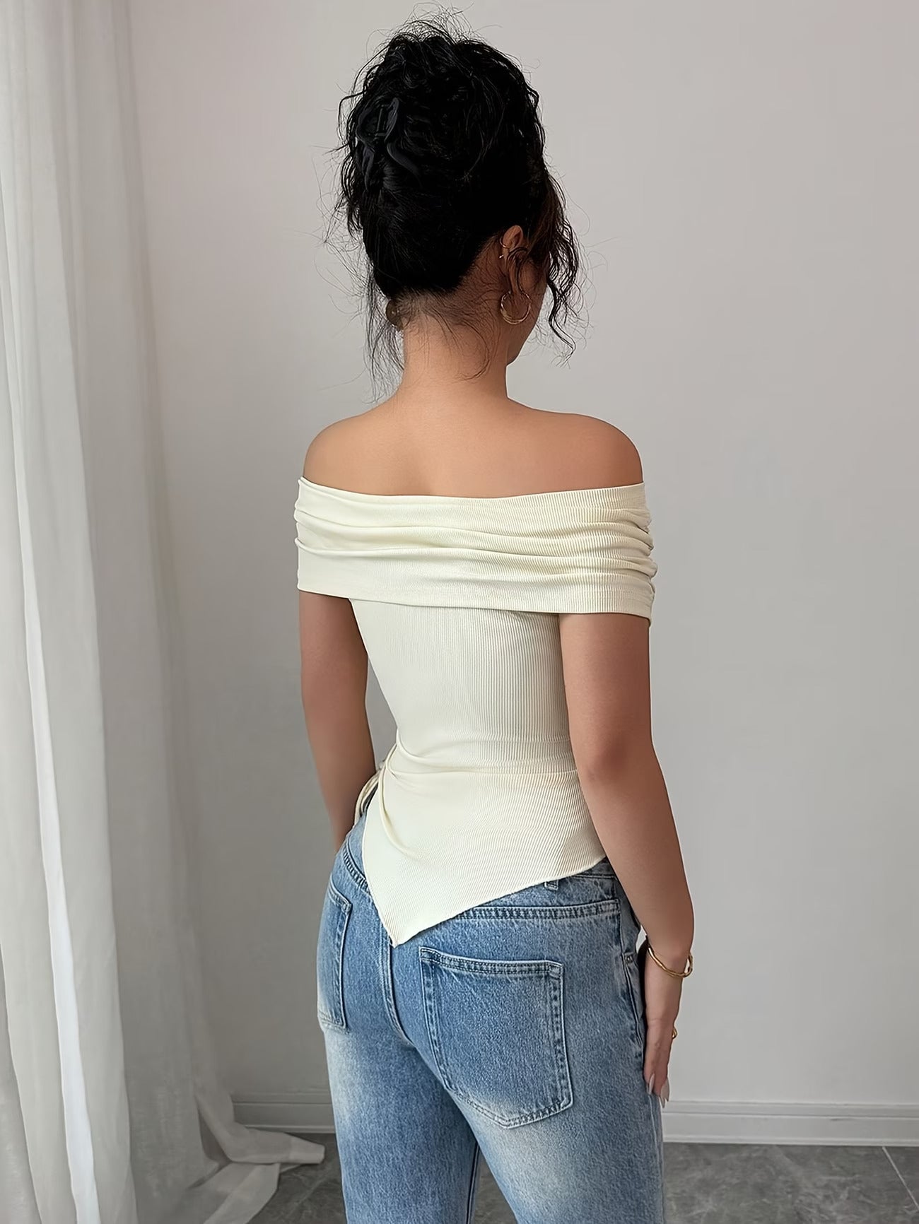 Cream Crossover Off-Shoulder Ribbed Top