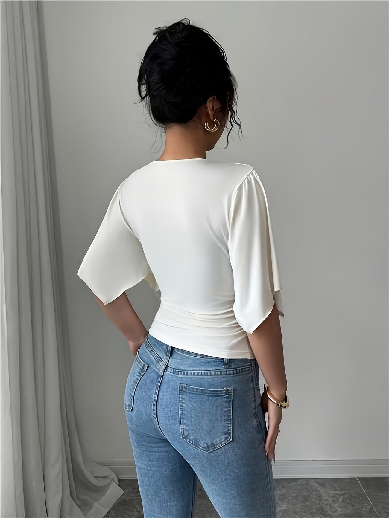 White Butterfly Sleeve Wrap Top