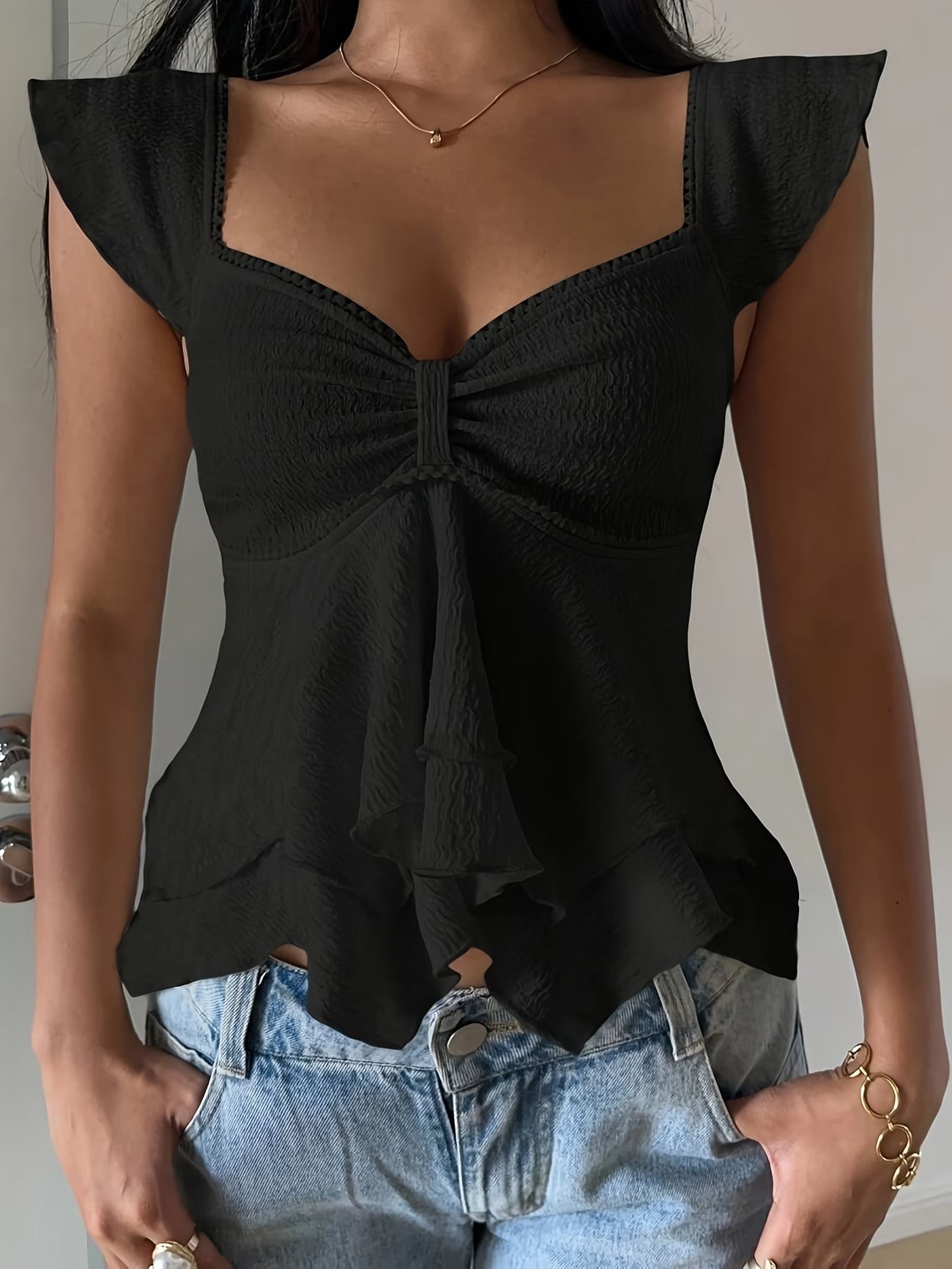 Black Flutter Sleeve Tie-Front Top