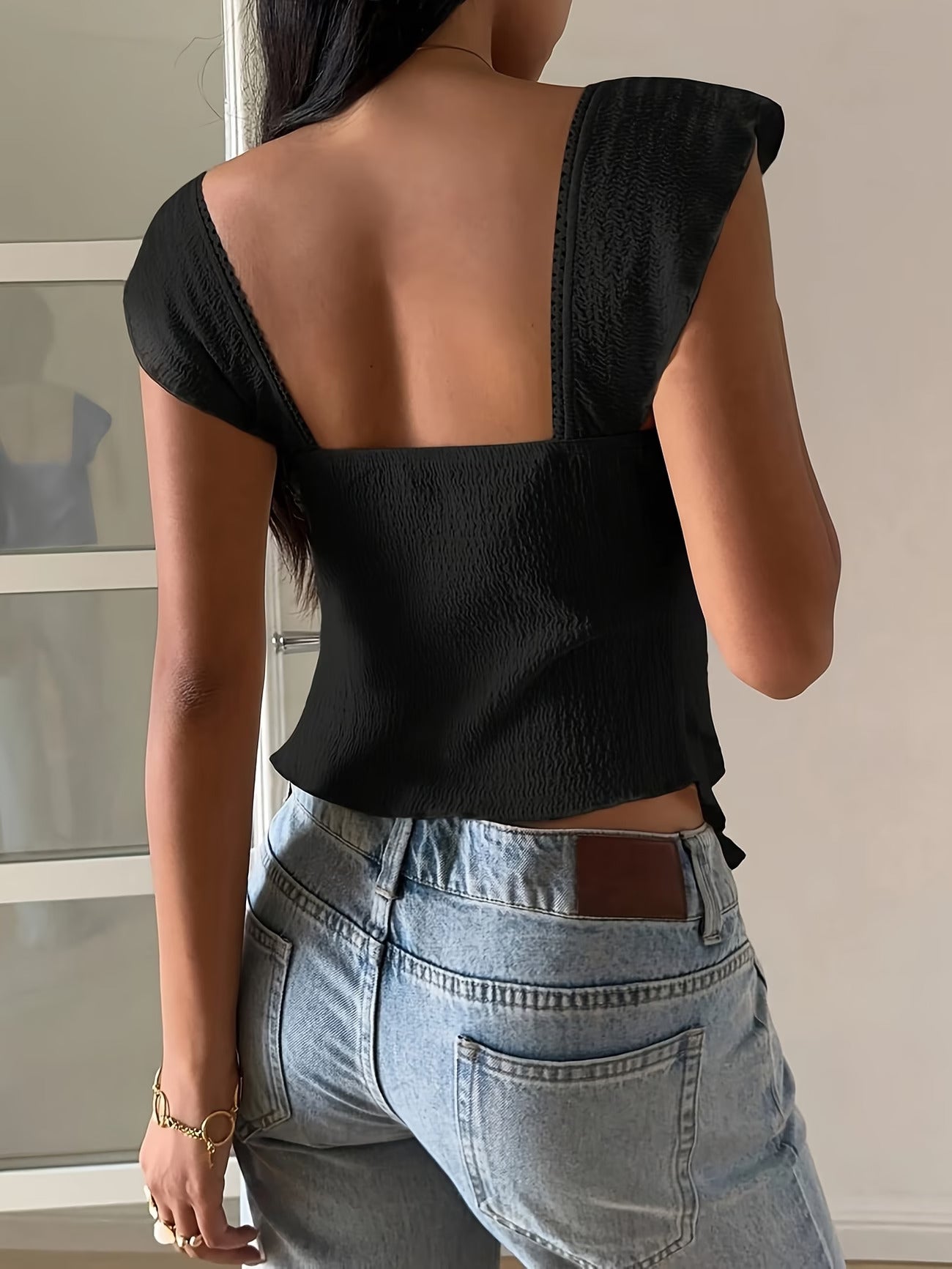 Black Flutter Sleeve Tie-Front Top