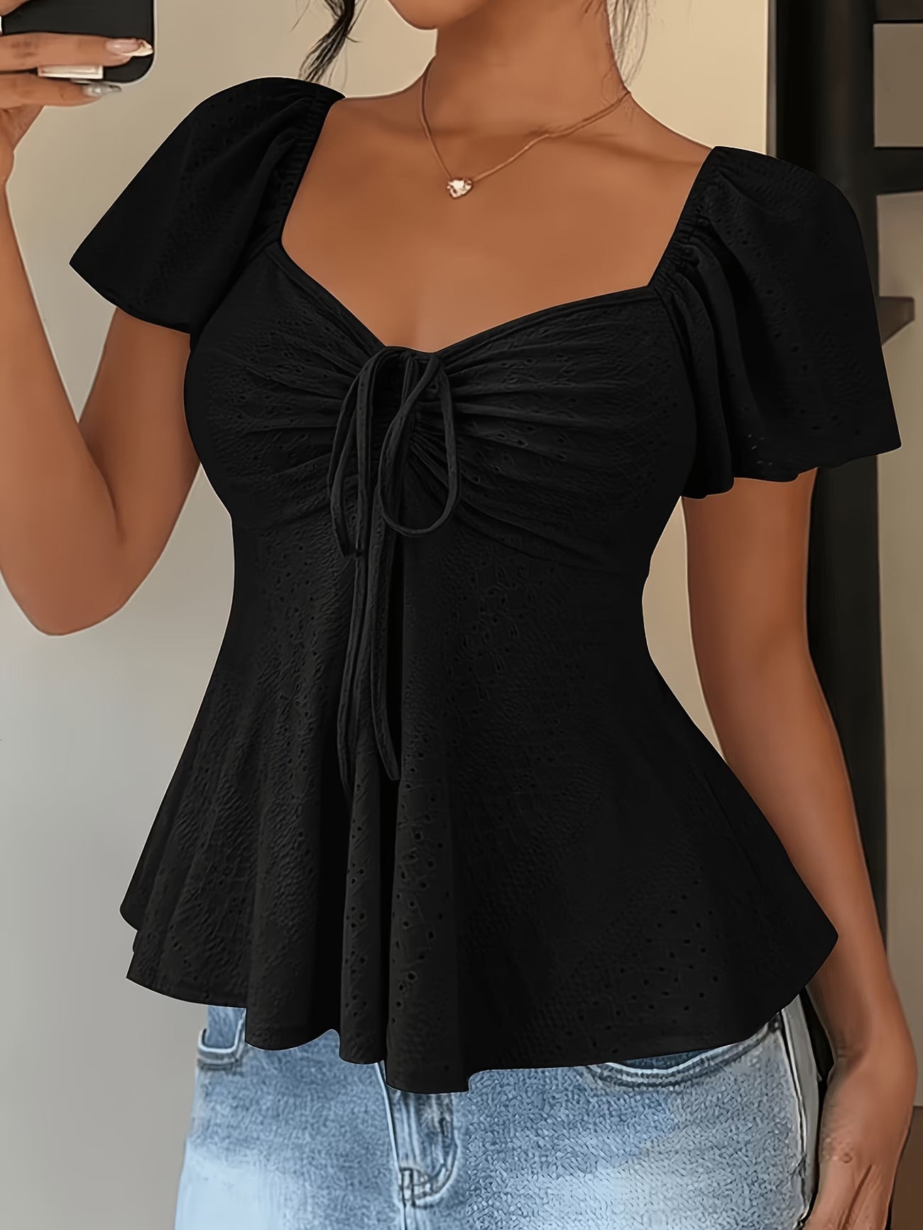 Black Jacquard Bow Peplum Top