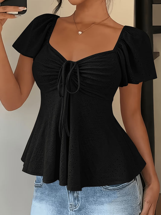 Black Jacquard Bow Peplum Top