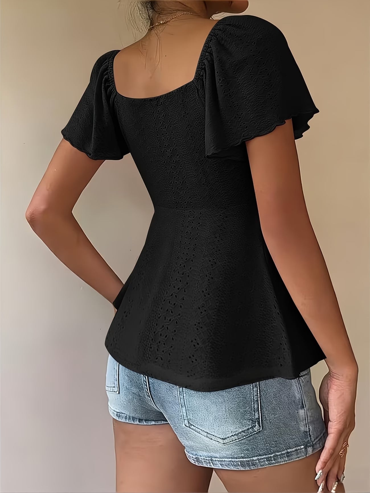 Black Jacquard Bow Peplum Top