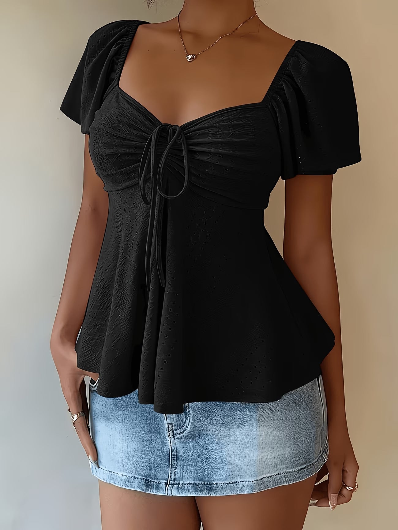 Black Jacquard Bow Peplum Top
