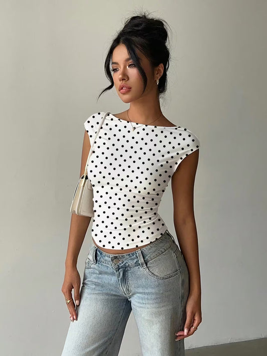Y2K Polka Dot Open Back Crop Top