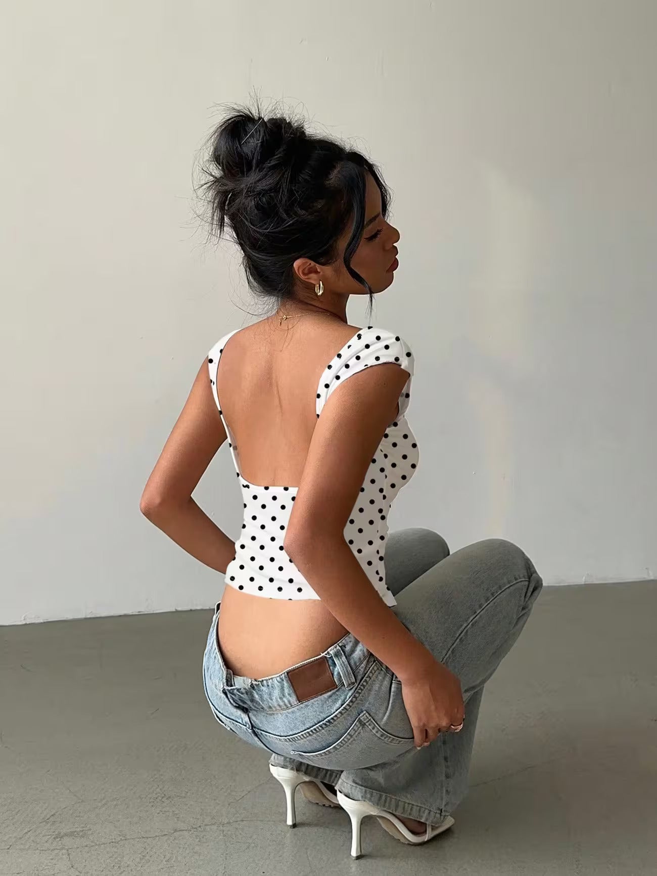 Y2K Polka Dot Open Back Crop Top